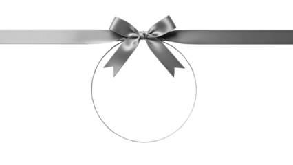 Elegant silver ribbon with bow and circular frame on a white background, perfect for invitations and gift tags