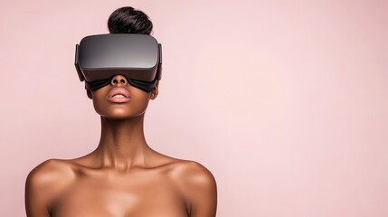 Woman wearing virtual reality headset gazes upwards into a digital future experience against a plain background.