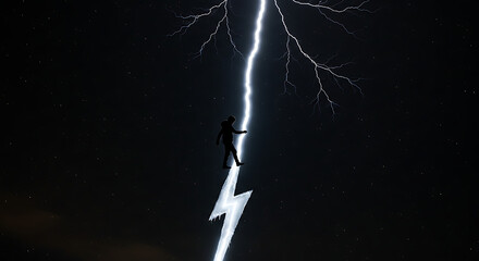 Person Walking on Lightning Bolt Against Starry Sky