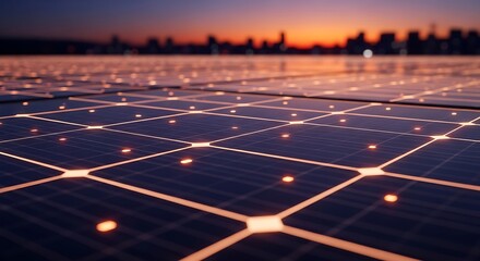 Closeup of glowing solar panel grid at sunset with a blurred city skyline in the background, symbolizing renewable energy and technology
