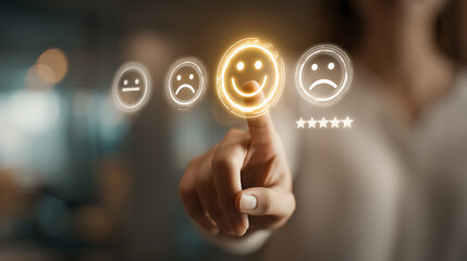 Person finger selects glowing happy face icon with stars touching screen