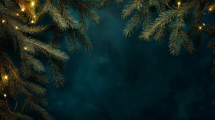 Dark green Christmas background with minimal pine branches and soft glowing fairy lights creating elegant festive mood for winter design
