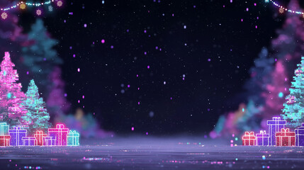 Digital gaming-style Christmas background featuring pixelated props, neon lights, and a fantasy RPG intro layout screen. Cinematic fantasy RPG Christmas intro background with pixel art decorneon glow.