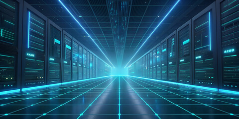 Futuristic Data Center Server Room with Glowing Blue Grid: Interior of Modern Digital Hosting Facility and Supercomputer Mainframe for Cloud Computing and Cybersecurity Background