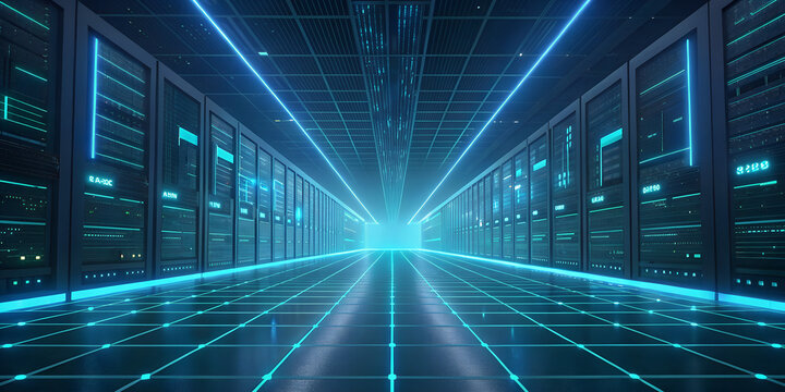 Futuristic Data Center Server Room with Glowing Blue Grid: Interior of Modern Digital Hosting Facility and Supercomputer Mainframe for Cloud Computing and Cybersecurity Background - Powered by Adobe