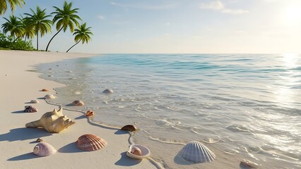 Seashell Serenity: A pristine beach dotted with elegant seashells, against a backdrop of the sea and palm trees, conveying a sense of peace and relaxation.