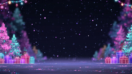 Digital gaming-style Christmas background featuring pixelated props, neon lights, and a fantasy RPG intro layout screen. Cinematic fantasy RPG Christmas intro background with pixel art decorneon glow.