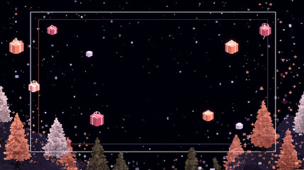 Digital gaming-style Christmas background featuring pixelated props, neon lights, and a fantasy RPG intro layout screen. Cinematic fantasy RPG Christmas intro background with pixel art decorneon glow.
