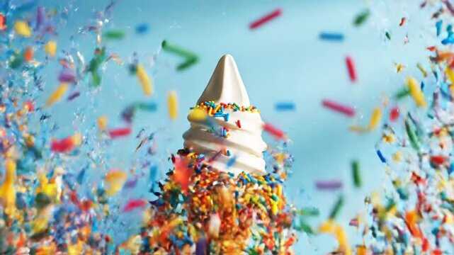 Colorful Sprinkles Exploding from a Soft Serve Ice Cream Cone.