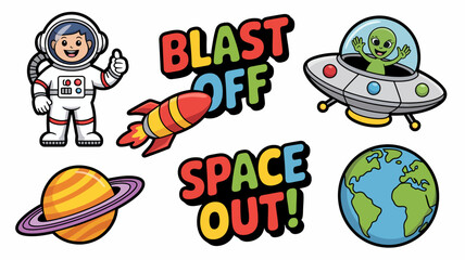 Fun Space Adventure Illustration with Astronaut, Alien, and Planets © MdRafiqul
