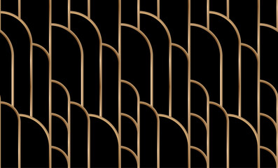 Abstract seamless pattern, art deco retro style. Vector nostalgic vintage geometric background with arcs and stripes. Dark colors and gold line art illustration. Fabric, paper, stationery, wallpaper.