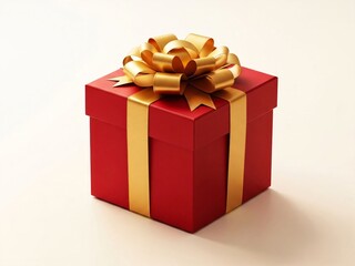 Obraz premium Red gift box with golden ribbon and bow, perfect for Christmas, birthday, or celebration on white background. Design template for New Year card and holiday posters with copy space.