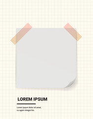 Taped up white square blank sheet of paper for notes on light grid background. Realistic template illustration