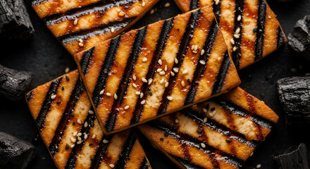 Savor the smoky, caramelized perfection of grilled tofu squares, glistening with a savory glaze and sprinkled with sesame seeds, evoking delicious culinary adventures and healthy plant-based dining.