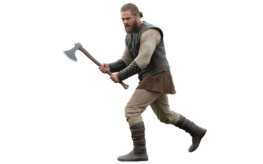 Viking warrior man holding axe in action pose for historical and fantasy themes, isolated on white baground