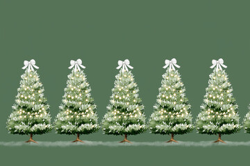 A row of cute Christmas trees with white lights and bows on top, a watercolor illustration in a simple, clip art style for a mobile app background wallpaper in a solid green color.