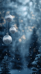 Serene Winter Christmas Evening with Silver Ornaments and Magical Snowfall Background, Ultra-Realistic Festive Winter Night Scene with Snowflakes and Elegant Christmas Decorations