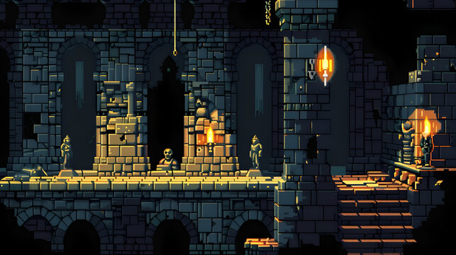 Retro pixel art underground dungeon level design for classic 8-bit platform game