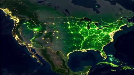 A nighttime satellite view of the continental united states with visible city lights