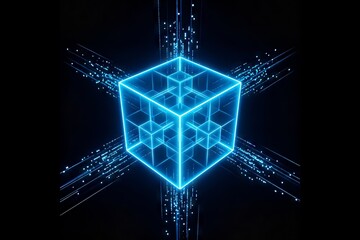 A glowing blue wireframe cube with a nested fractal structure, emitting light trails into a dark digital space, representing data or technology.