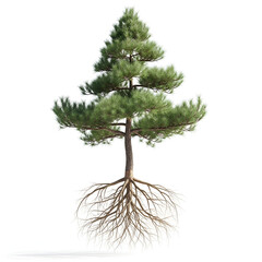 Mature winter poise pine tree with full roots on white background
