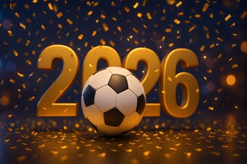 Golden 2026 numbers and soccer ball celebrate upcoming year with confetti