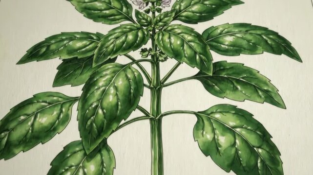 Animated botanical illustration of a basil plant from roots to flowers. Close-up pan shot revealing the anatomy of a culinary herb. Growth and science concept