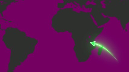 Bright green glowing arrow pointing at a location on a purple map with Africa and Europe visible globe Generate title without using the word "Title:" before it