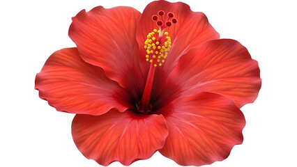 Vibrant red hibiscus flower with yellow stamens isolated on white background, showcasing delicate petals