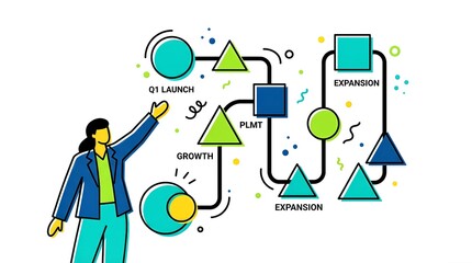 A woman presenting a business strategy flowchart illustrating project phases like launch, growth, and expansion with interconnected geometric shapes.