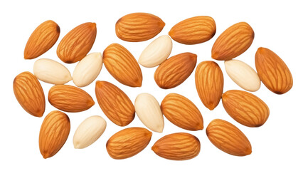 Pile of almonds PNG isolated on transparent background, shelled and unshelled nuts for healthy snack and ingredient use