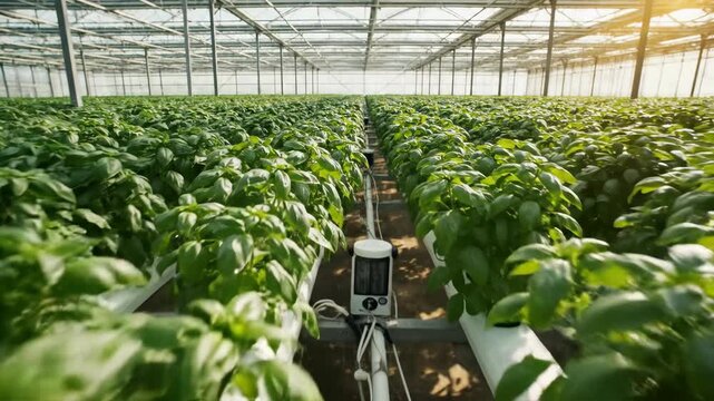 Hydroponic farming of basil in a modern greenhouse. Camera moves through rows of fresh green plants. Sustainable agriculture and agritech concept
