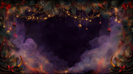 Dark Christmas Vignette Border With Krampus Horns And Glowing Lights, Eerie Festive Christmas Frame With Krampus Horns And Mystic Smoke