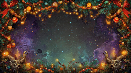 Dark Christmas Vignette Border With Krampus Horns And Glowing Lights, Eerie Festive Christmas Frame With Krampus Horns And Mystic Smoke