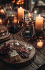 Fototapeta premium Red wine glasses with cheese and charcuterie by candlelight