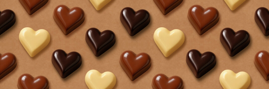 Seamless pattern with chocolate hearts in various colors, a sweet elegant Valentine&rsquo;s Day design perfect for packaging, backgrounds, and romantic seasonal branding.