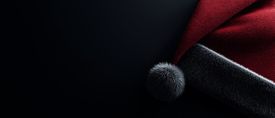 Luxury Minimal Christmas Banner with Santa Red Hat and Copy Space, Elegant Black Christmas Background Featuring Minimal Santa Hat Design