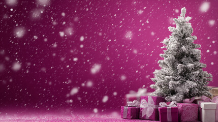 Magenta Christmas Background With Festive Tree, Gifts, And Falling Snow, Festive Magenta Holiday Scene With Christmas Tree, Presents, Snowfall