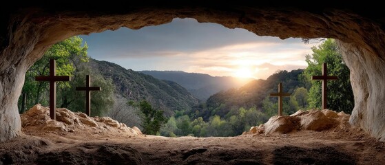 Easter background featuring an empty tomb with three crosses on a hill illuminated by sunset light, ideal for inspirational texts or reflections