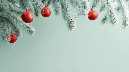 Minimal Christmas Background With Frosted Pine Branches And Red Baubles, Elegant Minimalistic Christmas Background Featuring Pine Branches And Red Ornaments