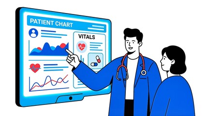 Doctor explaining patient chart and vital signs on a large digital screen to a female patient in a modern healthcare setting illustration.