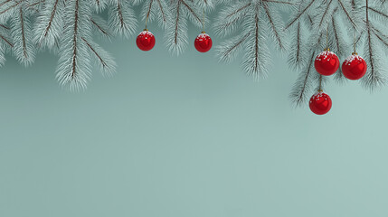 Minimal Christmas Background With Frosted Pine Branches And Red Baubles, Elegant Minimalistic Christmas Background Featuring Pine Branches And Red Ornaments