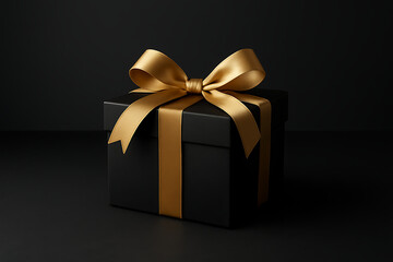 Obraz premium Classic black square gift box featuring a wide, shiny gold ribbon and bow isolated on a deep, dark charcoal background for premium design mockup