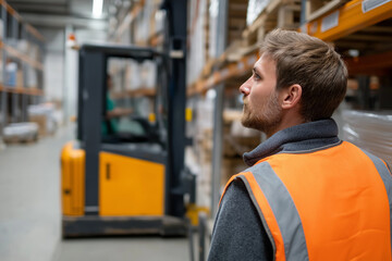 A warehouse worker thoughtfully observes the material handling operations within a storage facility, symbolizing efficiency and teamwork in logistics and supply chain management.