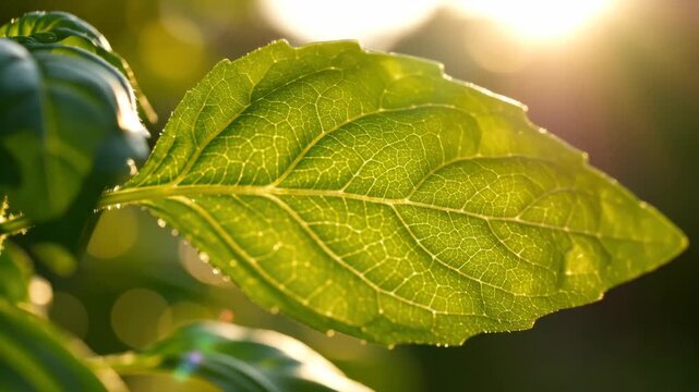 A detailed macro shot of a green basil leaf backlit by golden sunlight. The intricate vein structure is visible as light shines through the translucent plant. Natural and organic concept