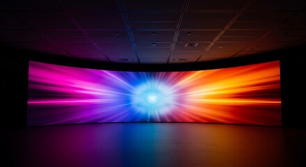 Vibrant curved led screen displaying an abstract colorful light burst effect in a dark room setting with reflections on the floor