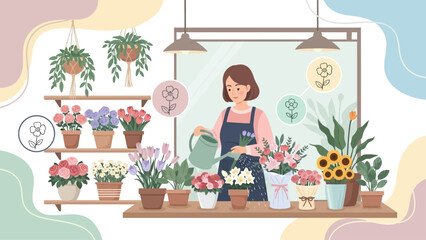 Woman watering plants in a flower shop © Dodol Creative Stock