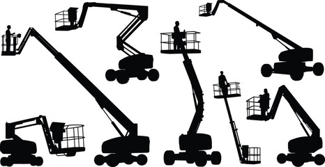 Silhouette of boom lifts with workers on elevated platforms, construction equipment, aerial work platforms, industrial maintenance machinery, isolated vector illustration