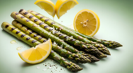 Juicy grilled asparagus spears glistening with olive oil and sea salt, perfectly seasoned and paired with vibrant lemon slices for a refreshing gourmet experience