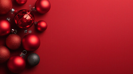 Red background with Christmas ornaments in one corner, large empty copy space, modern and minimalistic holiday design